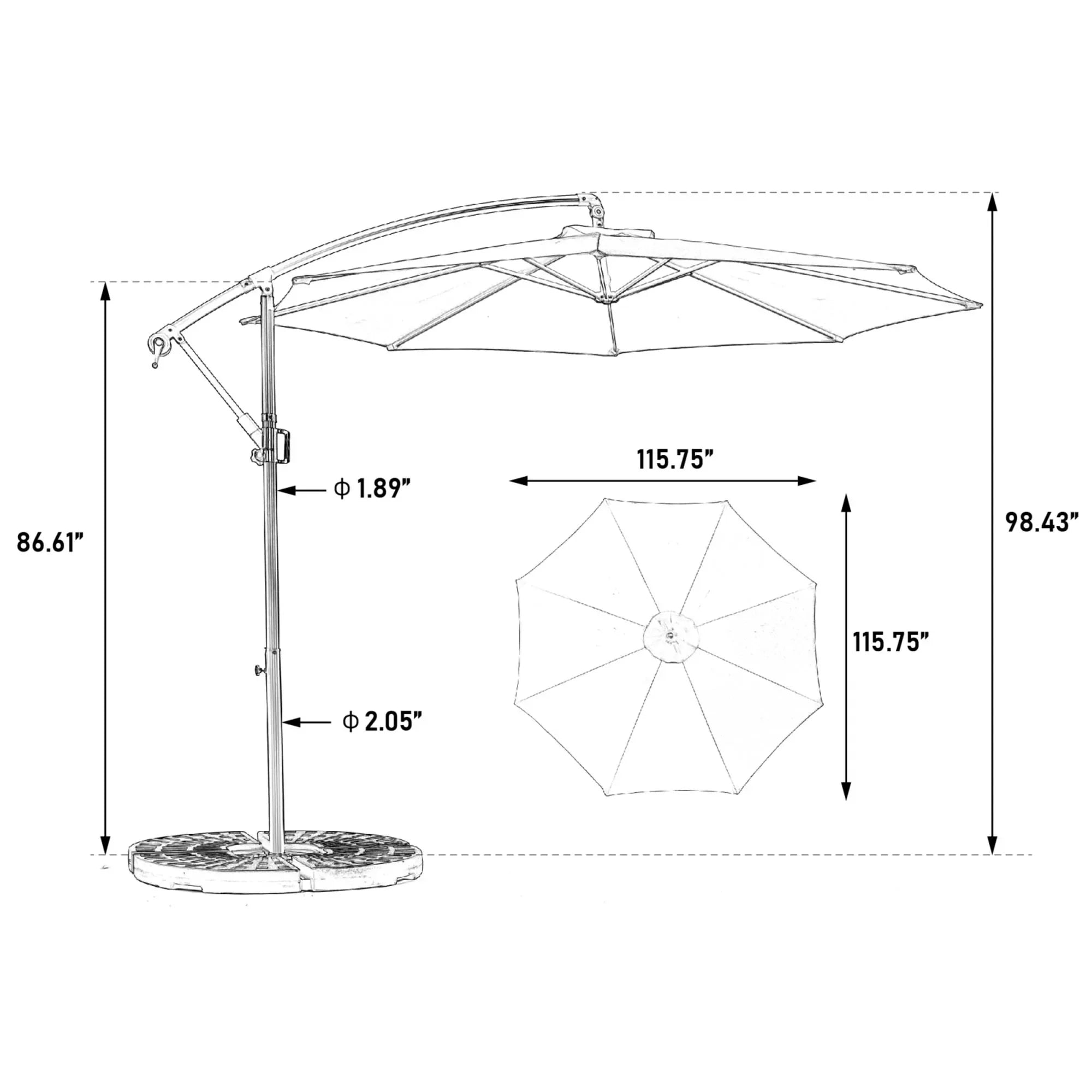 Lazyspace Freischwebender Sonnenschirm für den Außenbereich, 294 cm, winkelverstellbar für Gärten, Strände, Hinterhöfe, ohne Ständer
